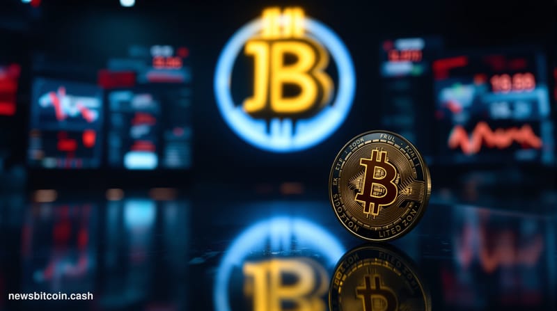 Cinematic photorealistic editorial photograph of a large illuminated Bitcoin symbol on a dark trading floor environment, dram
