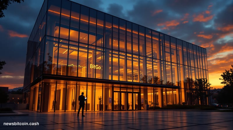 A cinematic photorealistic editorial photograph of BitGo's Palo Alto corporate headquarters exterior at dusk, with warm amber