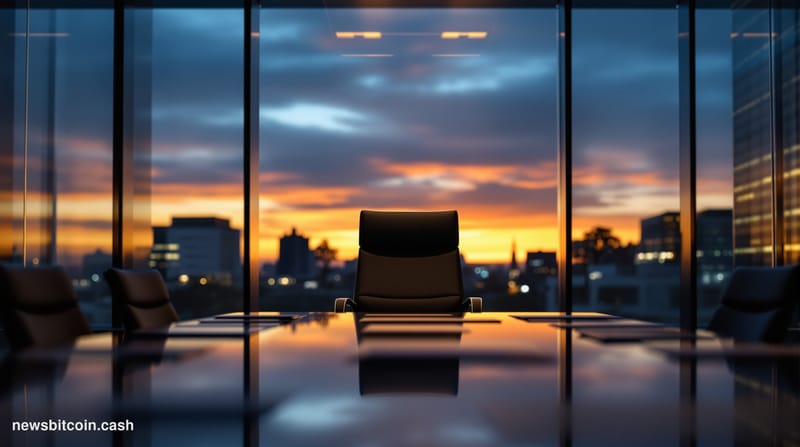 Cinematic photorealistic editorial photograph of a sleek institutional financial office interior, identifiable as BitGo's Pal