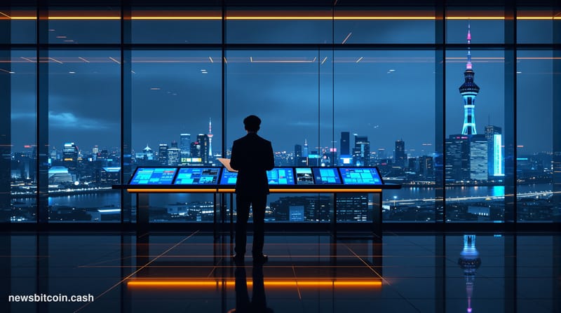 Cinematic photorealistic editorial photograph of a modern glass-and-steel financial district building in Seoul, South Korea, 
