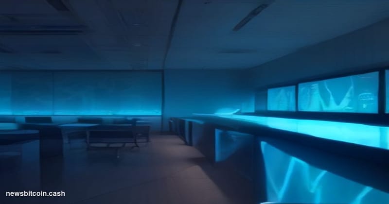 Cinematic photorealistic editorial photograph of a sleek corporate trading floor at night, bathed in cool blue and amber acce