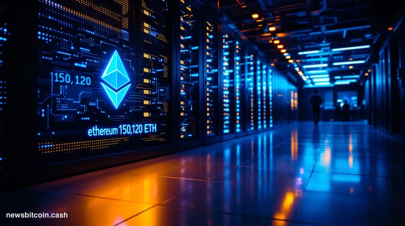 Cinematic photorealistic editorial photograph of a sleek, dimly lit cryptocurrency data center interior, shot from a low angl