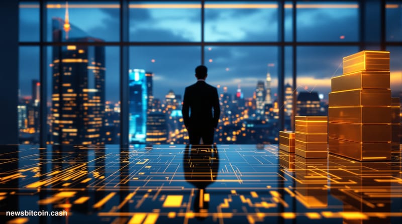 Cinematic photorealistic editorial photograph of a sleek financial trading floor bathed in cool blue ambient light with selec