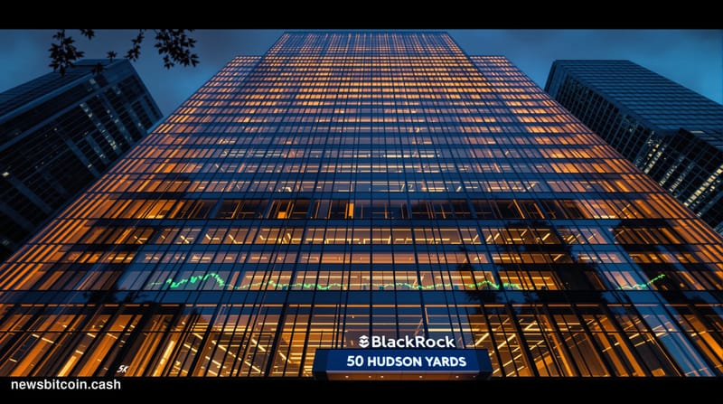 Cinematic photorealistic editorial photograph of BlackRock's Manhattan headquarters at 50 Hudson Yards, shot at dusk from a l