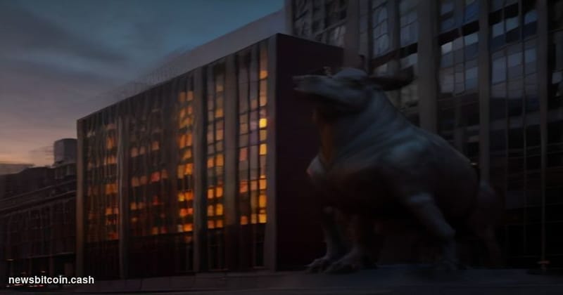 Cinematic photorealistic editorial photograph of BlackRock's Manhattan headquarters at dusk, the building's glass facade refl
