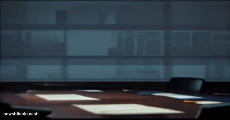 Cinematic photorealistic editorial photograph of a dimly lit corporate boardroom at night, shot from a low angle looking up a