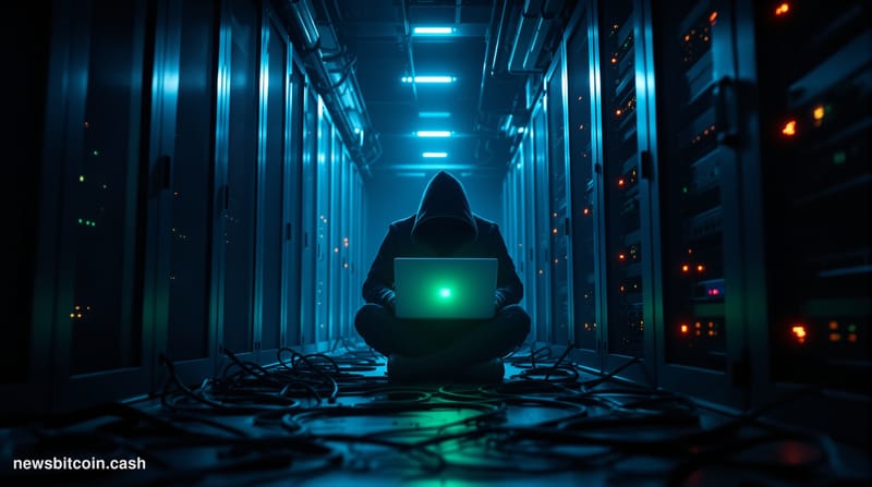 Cinematic photorealistic editorial photograph of a dimly lit data center corridor, shot from a low angle looking up toward a 