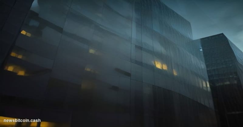 Cinematic photorealistic editorial photograph shot at low angle looking up at the facade of a modern glass-and-steel financia