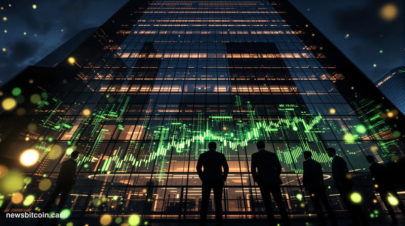 Cinematic photorealistic editorial photograph shot at low angle looking up at the glass-and-steel facade of a major financial
