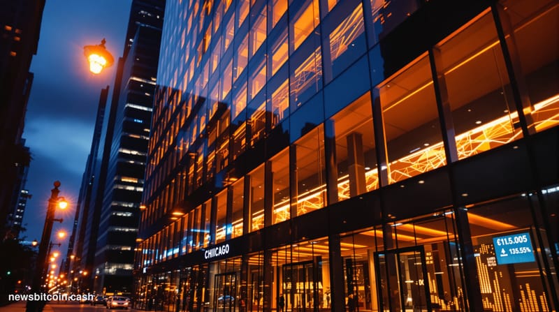 Cinematic photorealistic editorial photograph of the Cboe Global Markets headquarters building in Chicago's financial distric