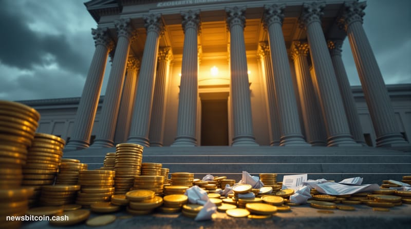 A cinematic photorealistic editorial photograph shot at ground level looking up at a cold, imposing federal courthouse facade