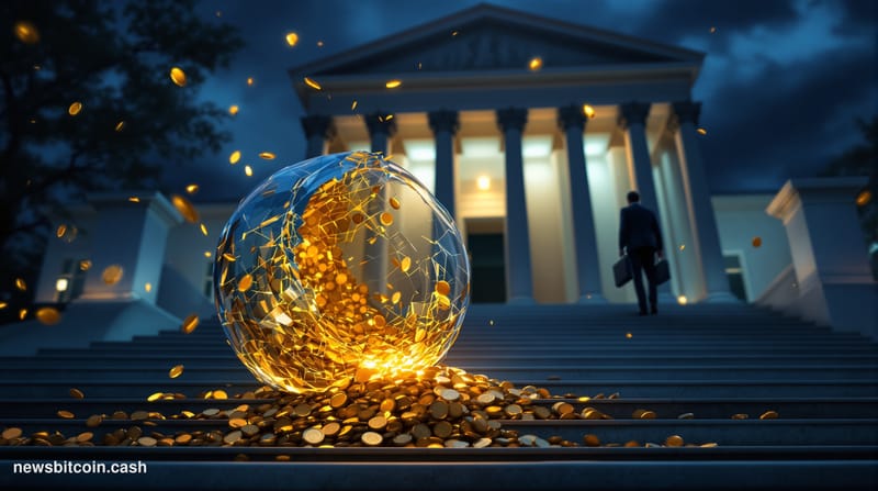 Cinematic photorealistic editorial photograph of a crumbling neoclassical courtroom facade at dusk, with dramatic low-angle l