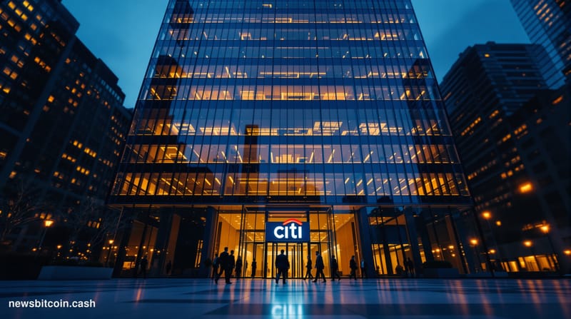 Cinematic photorealistic editorial photograph of the exterior of Citigroup's iconic New York City headquarters at 388 Greenwi