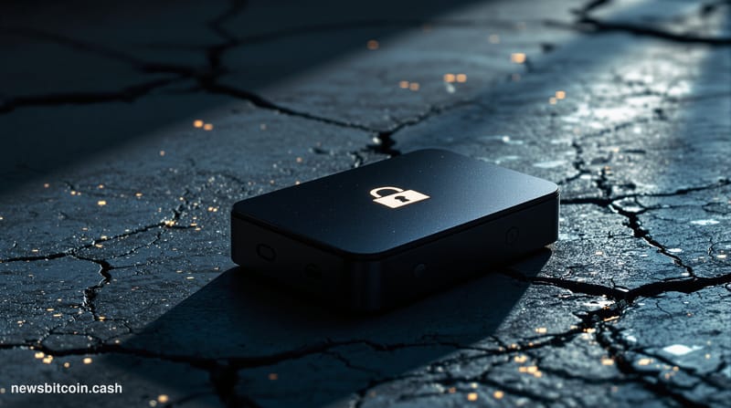 Cinematic photorealistic editorial photograph of a Coldcard hardware wallet — the distinctive black rectangular device with i