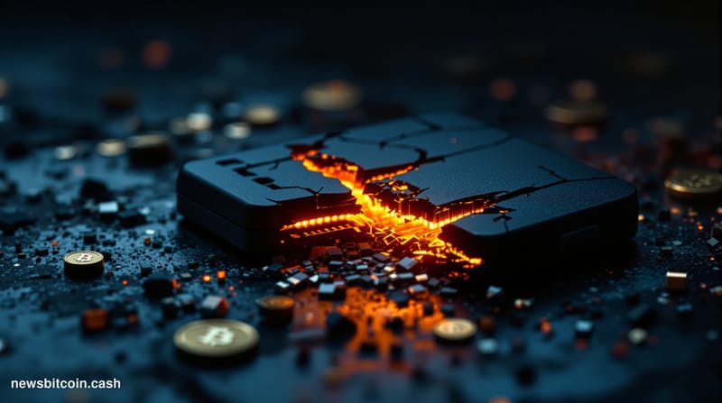 Cinematic photorealistic editorial photograph of a physical Coldcard hardware wallet — matte black device with a small screen