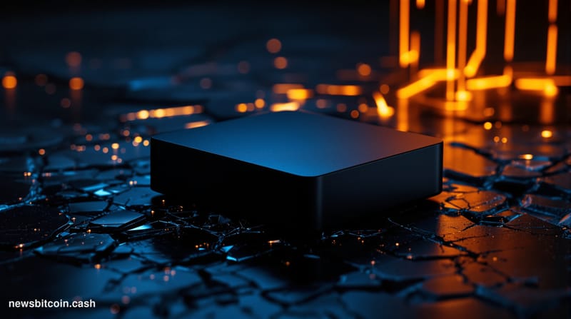 Cinematic photorealistic editorial photograph of a Coldcard hardware wallet device — a small matte-black rectangular device —
