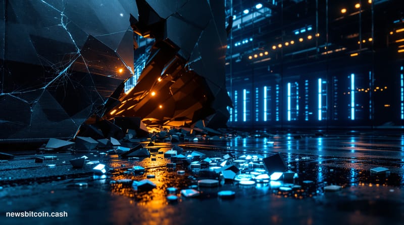 Cinematic photorealistic editorial photograph of a shattered digital bridge structure rendered as physical steel and glass in