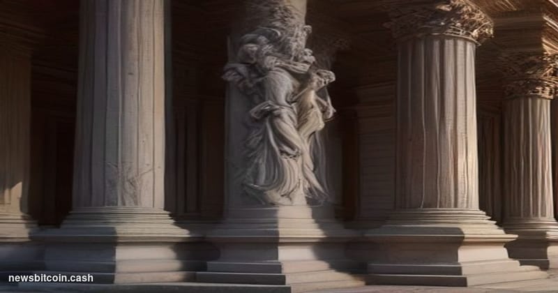 Cinematic photorealistic editorial photograph of a neoclassical courthouse exterior at dusk, dramatic side-lighting casting l