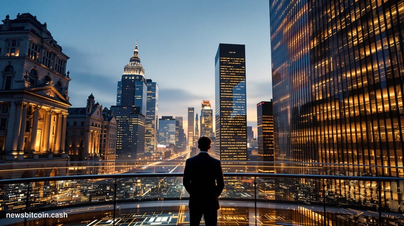 A cinematic photorealistic editorial photograph shot from a low angle looking up at a split-screen urban financial district s