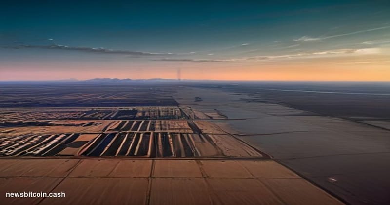 A cinematic photorealistic editorial photograph shot at golden hour, showing a dramatic aerial view of a vast industrial powe