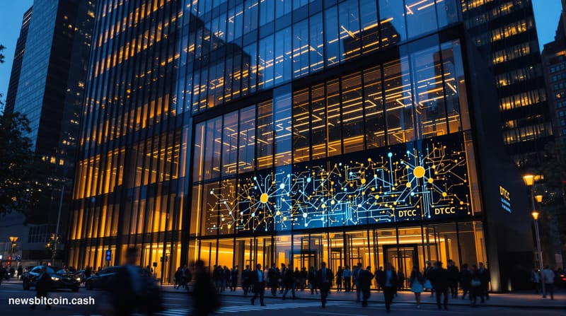 Cinematic photorealistic editorial photograph of the DTCC's Lower Manhattan headquarters at dusk, shot from street level with