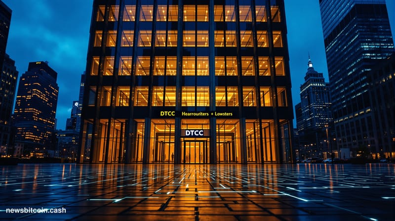 Cinematic photorealistic editorial photograph of the DTCC headquarters building exterior in lower Manhattan, New York City, s
