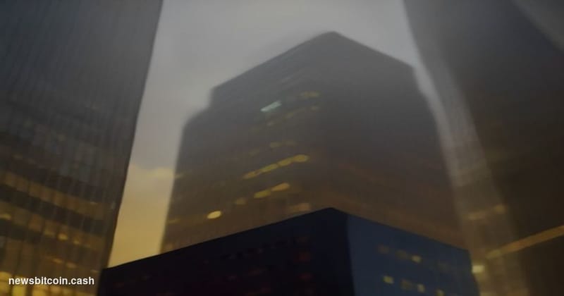 A cinematic photorealistic editorial photograph shot at golden-hour dusk, camera angled upward at a sleek modern financial te