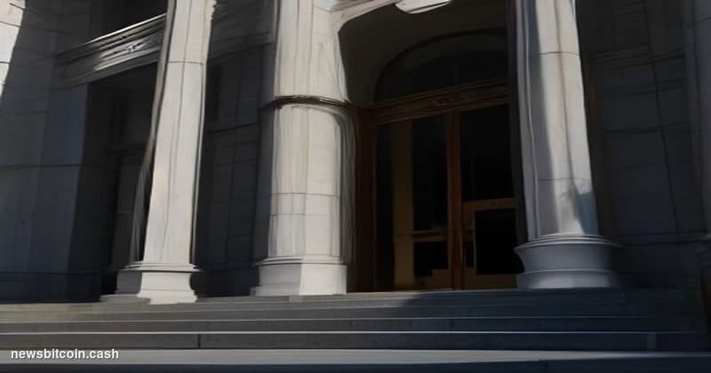 Cinematic photorealistic editorial photograph shot at a low angle looking up at a U.S. Federal Communications Commission buil