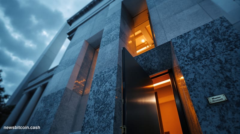 A cinematic photorealistic editorial photograph shot at ground level looking up at the imposing neoclassical granite facade o