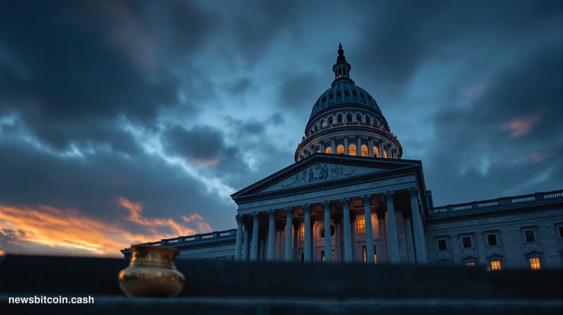 A cinematic photorealistic editorial photograph of the United States Senate chamber exterior at dusk, shot from a low angle l