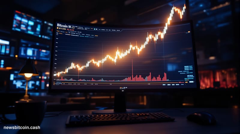 Cinematic photorealistic editorial photograph of a Bitcoin trading terminal in a dimly lit financial operations room, with a 