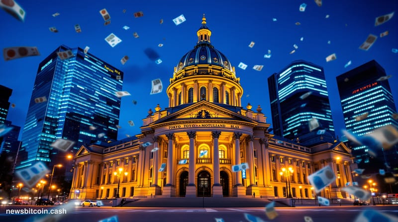 Cinematic photorealistic editorial photograph of the Bank of Japan's neoclassical stone headquarters in central Tokyo's Nihon