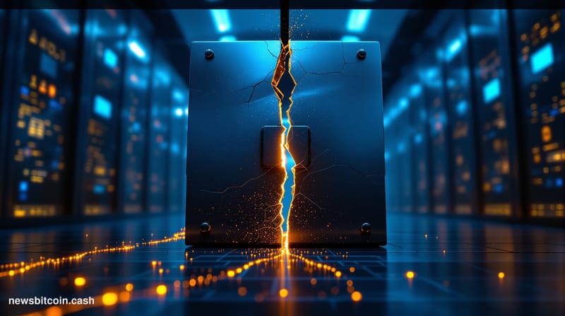 Cinematic photorealistic editorial photograph of a cracked digital vault door rendered as a physical steel structure, set ins