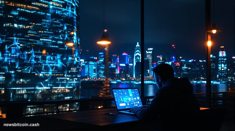 A cinematic photorealistic editorial photograph set in Hong Kong's neon-lit financial district at night, with the iconic skyl