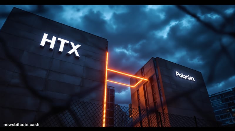 A cinematic photorealistic editorial photograph shot from a low angle looking up at two adjacent brutalist financial exchange