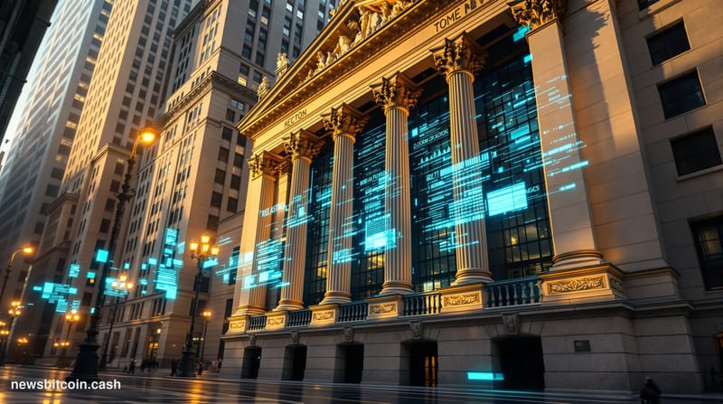 A cinematic photorealistic editorial photograph set at the intersection of Wall Street and a futuristic digital trading floor