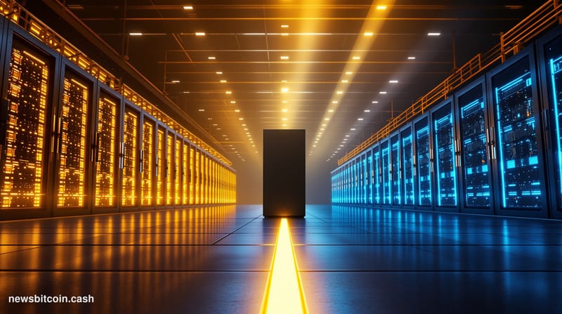 A cinematic photorealistic editorial photograph set inside a large, industrial-scale data center undergoing a visible transit
