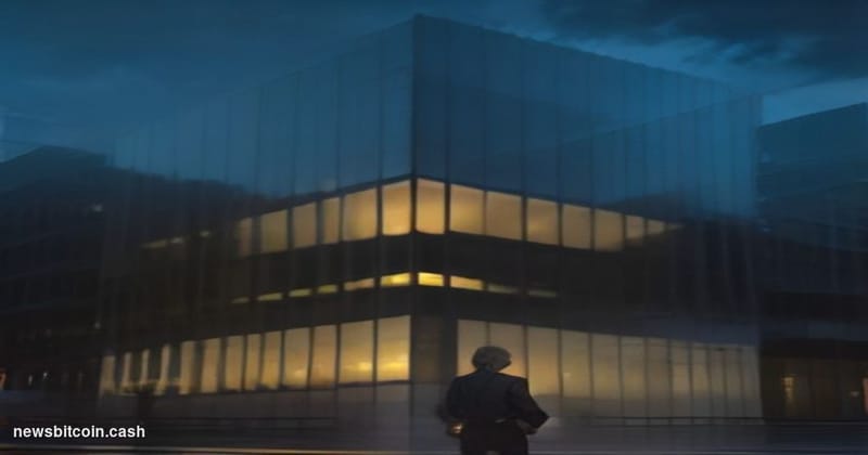 Cinematic photorealistic editorial photograph of the Binance corporate headquarters exterior at dusk, dramatic low-angle shot
