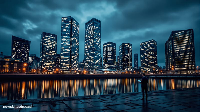 A cinematic photorealistic editorial photograph of the Irish Financial Services Centre in Dublin's docklands at dusk, the dis