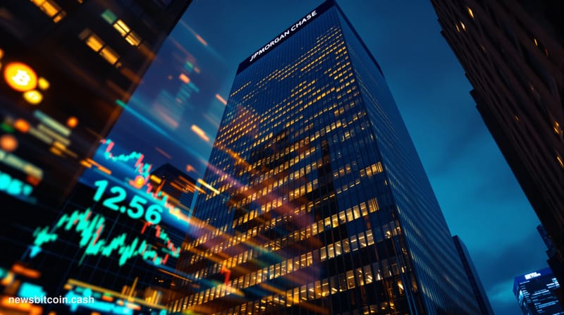 Cinematic photorealistic editorial photograph of JPMorgan Chase's iconic glass-and-steel Manhattan headquarters tower at dusk