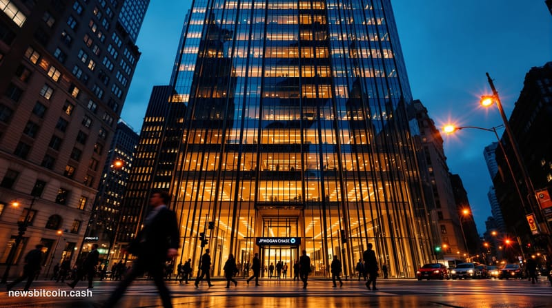 Cinematic photorealistic editorial photograph of JPMorgan Chase's iconic Manhattan headquarters at 383 Madison Avenue, shot f