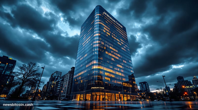 A cinematic photorealistic editorial photograph of JPMorgan Chase's iconic Manhattan headquarters on Park Avenue, shot from a