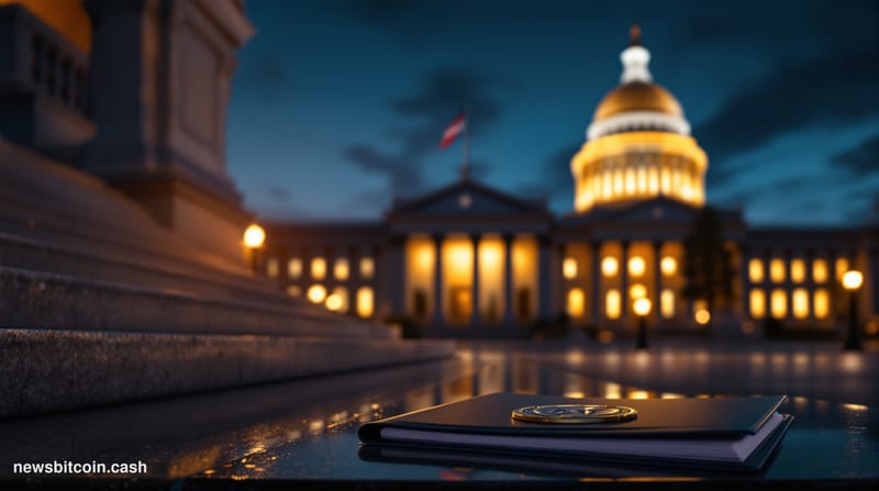 A dramatic cinematic photorealistic editorial photograph taken at street level outside the Nevada State Capitol building in C