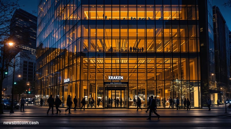 Cinematic photorealistic editorial photograph of Kraken's San Francisco headquarters exterior at dusk, warm amber streetlight