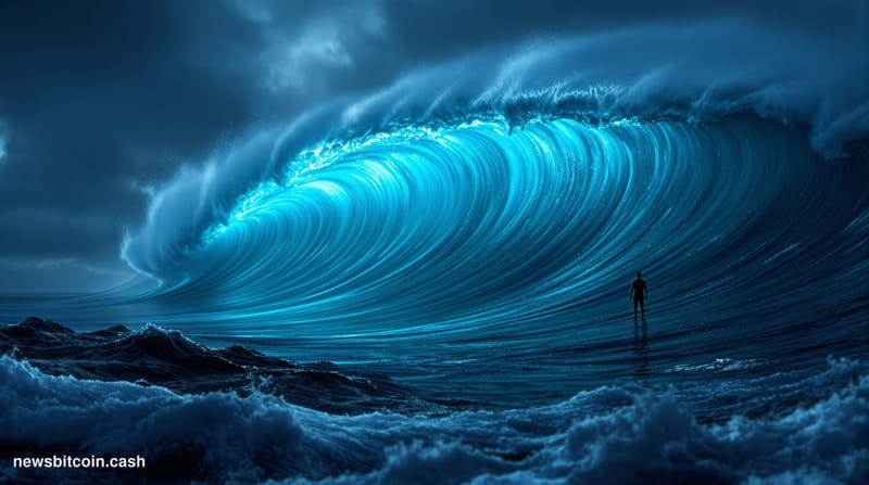 Cinematic photorealistic editorial photograph of a dramatic ocean wave frozen mid-crest at enormous scale, lit from below by 