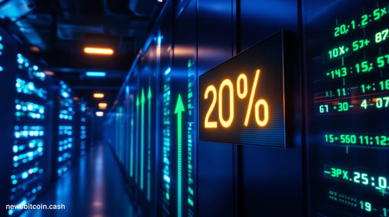 Cinematic photorealistic editorial photograph of a dramatic data center corridor at night, bathed in cool blue and amber ligh