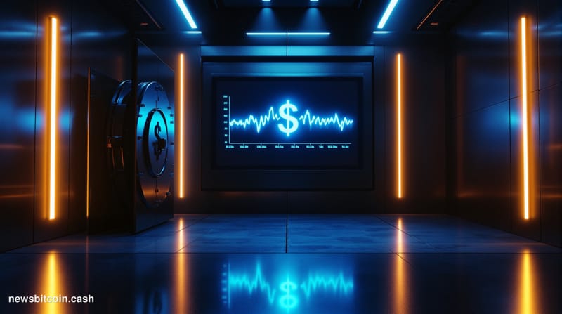 A cinematic photorealistic editorial photograph set inside a dimly lit financial operations center, where a large central mon