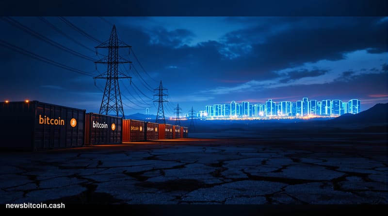 A cinematic photorealistic editorial photograph shot at dusk from a low angle, looking up at a row of industrial Bitcoin mini