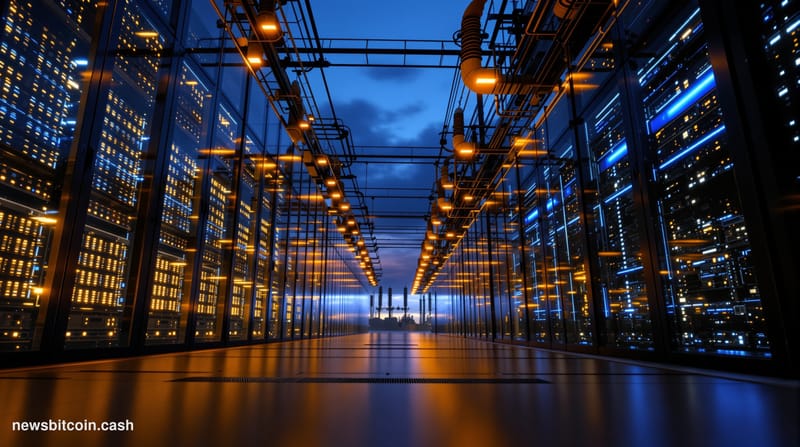 Cinematic photorealistic editorial photograph of a large-scale industrial data center facility at dusk, shot from a low angle