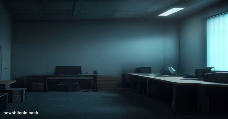 A cinematic photorealistic editorial photograph set inside a darkened, modern crypto startup office at night, with the glow o